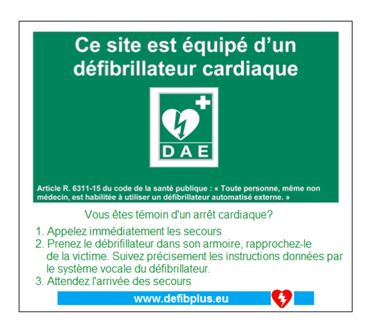 Panneau de secours DAE site équipé d'un défibrillateur cardiaque