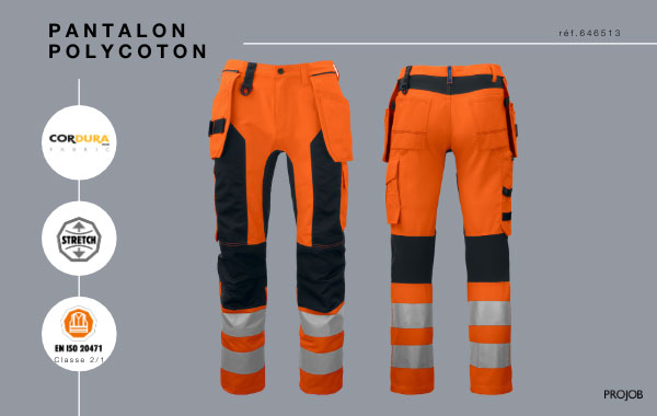 Pantalon polycoton poches flottantes - STRETCH + Haute visibilité  EN ISO 20471 CLASSE 2/1