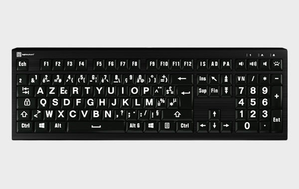 Clavier lumineux à gros caractères blancs sur fond noir PC – ultra fin
